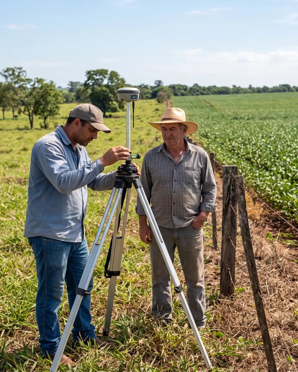 Técnico instalando receptor GPS sobre tripé na divisa de uma propriedade rural no Paraná, com produtor observando ao lado