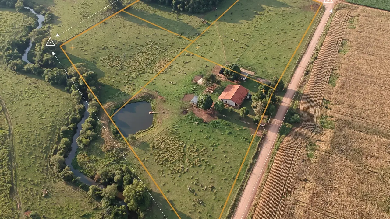 Ilustração aérea de propriedade rural no Paraná com a divisa marcada por GPS, marcos de topografia e linhas de medição